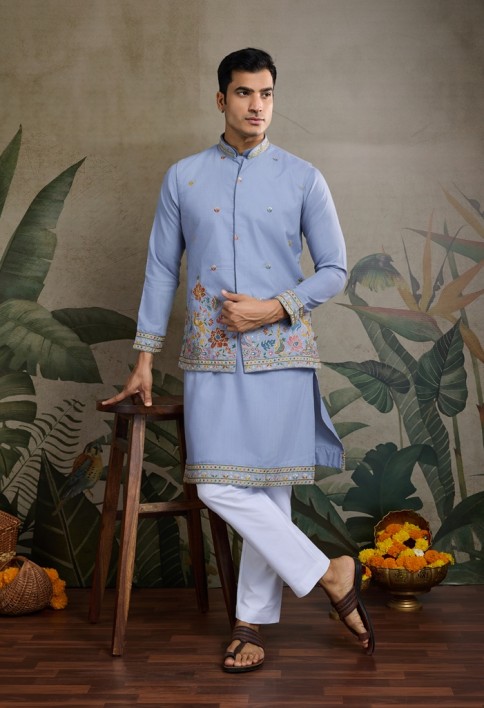 Sky Blue Men's Kurta Koti Set – Stylish & Elegant